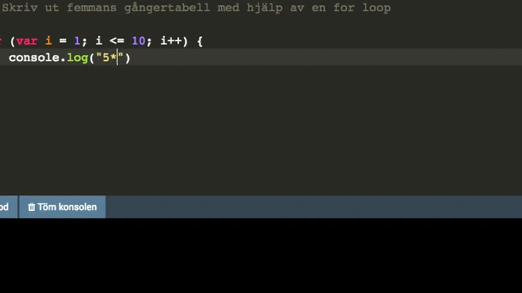 Kodexempel med for-loop, 5:ans gångertabell - Javascript (Programmering ...